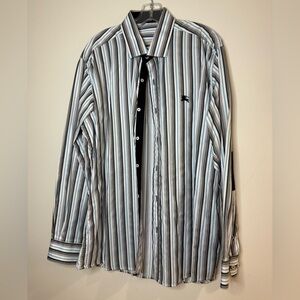 T394- Burberry Men's Classic Striped Shirt in Gray and White
